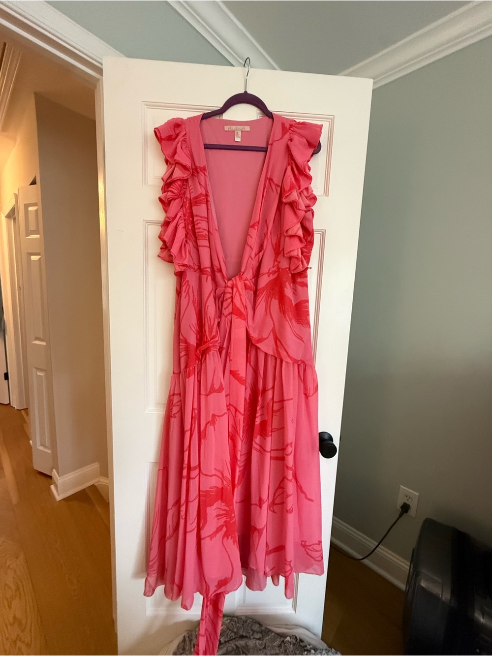 Hutch Pink Coral Ruffle Deep-V Maxi Dress